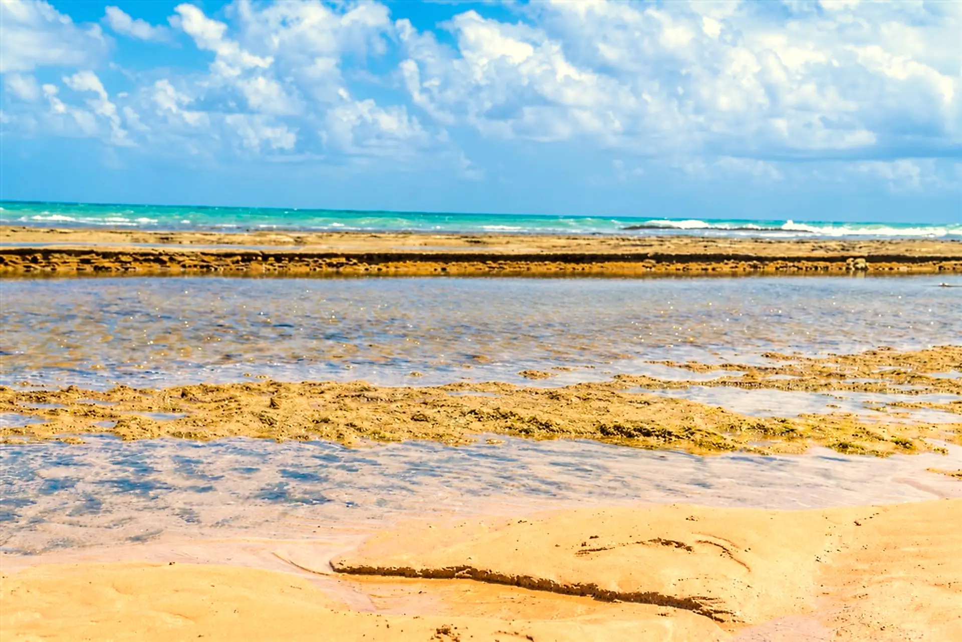Piscinas naturais entre os arrecifes na maré baixa de Muro Alto