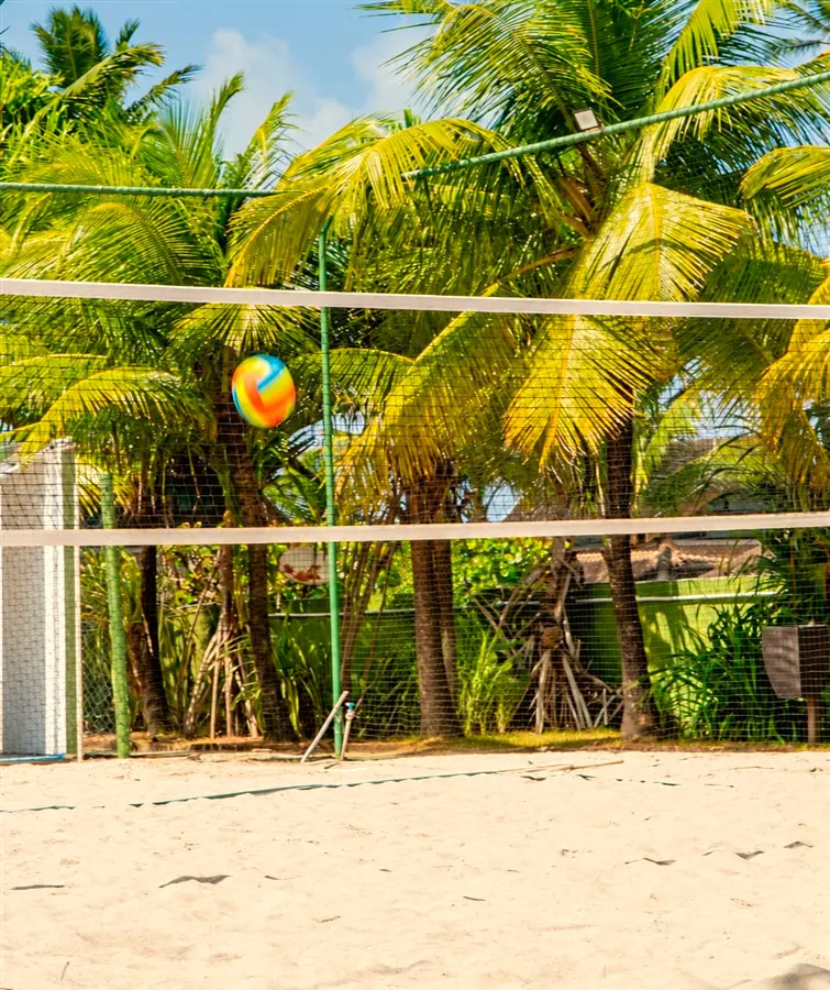 Quadra de vôlei de areia com a rede, a bola no ar e coqueiros ao fundo